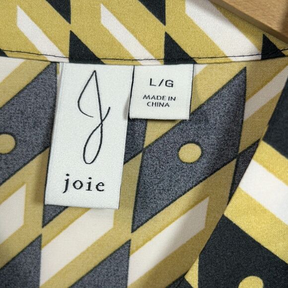 Joie Satin V Neck Top Blouse Pullover Popover Diamond Geometric Pattern L - Picture 2 of 8